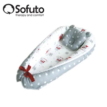 Кокон-гнездышко для младенцев из Хлопка с бортами. Подушечка и чехол для переноски в ПОДАРОК, Двухсторонний "Christmas Bear"