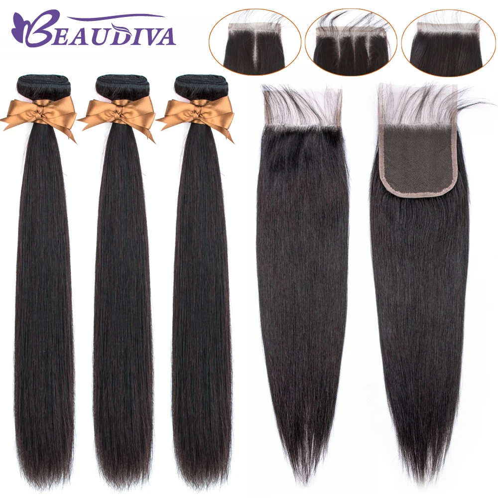 BEAUDIVA Human Hair Bundles With Closure Natural Color Peruvian Straight Hair Weave Bundles With Closure