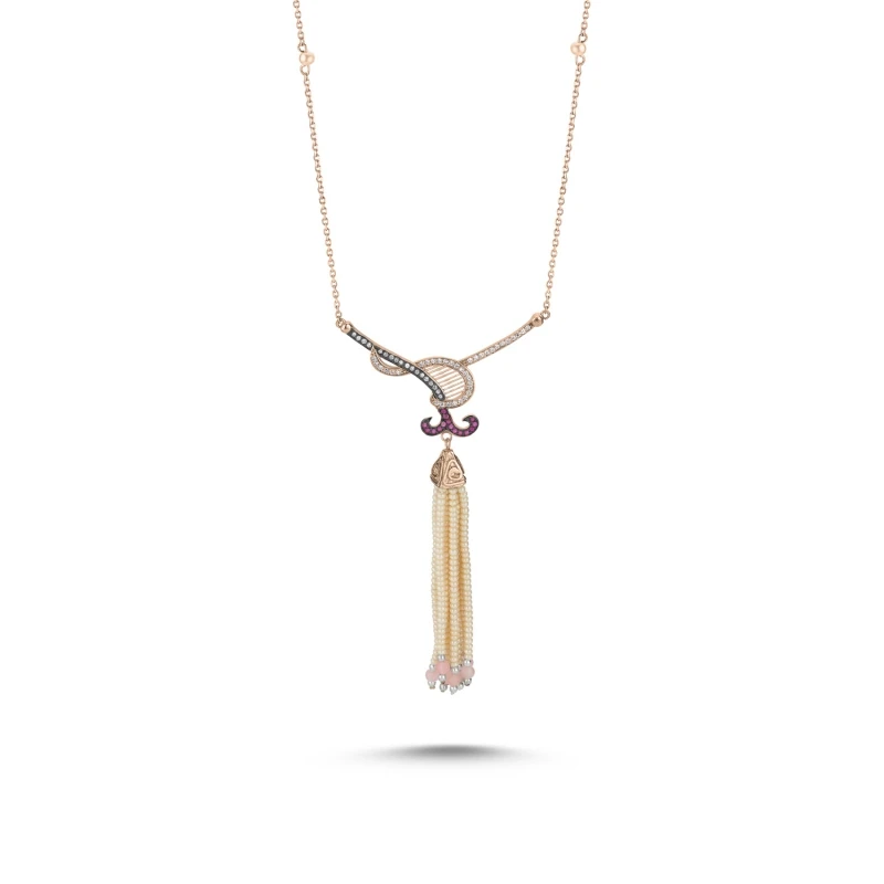 

Armagano Majorca Pearl and Pink Quartz Tassels Zircon Cubic Zirconia Necklace