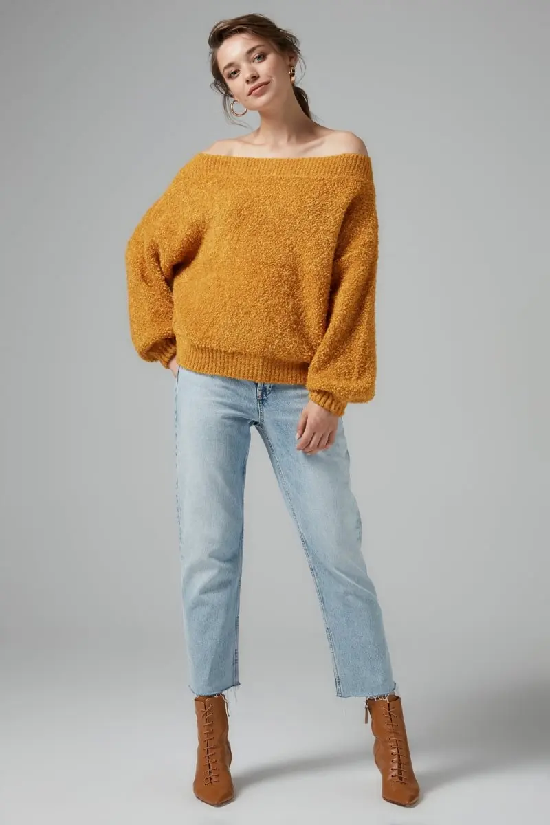 

Joinus Off Shoulder Knitted Jumper With Balloon Sleeve Woman Mustard
