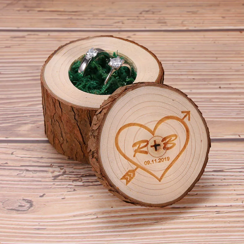 

Personalized Wooden Ring Bearer Box, Custom Wedding Rustic Wood Rings Holder, Wood Slice Ring Box, Wedding Gift, Wedding Decor