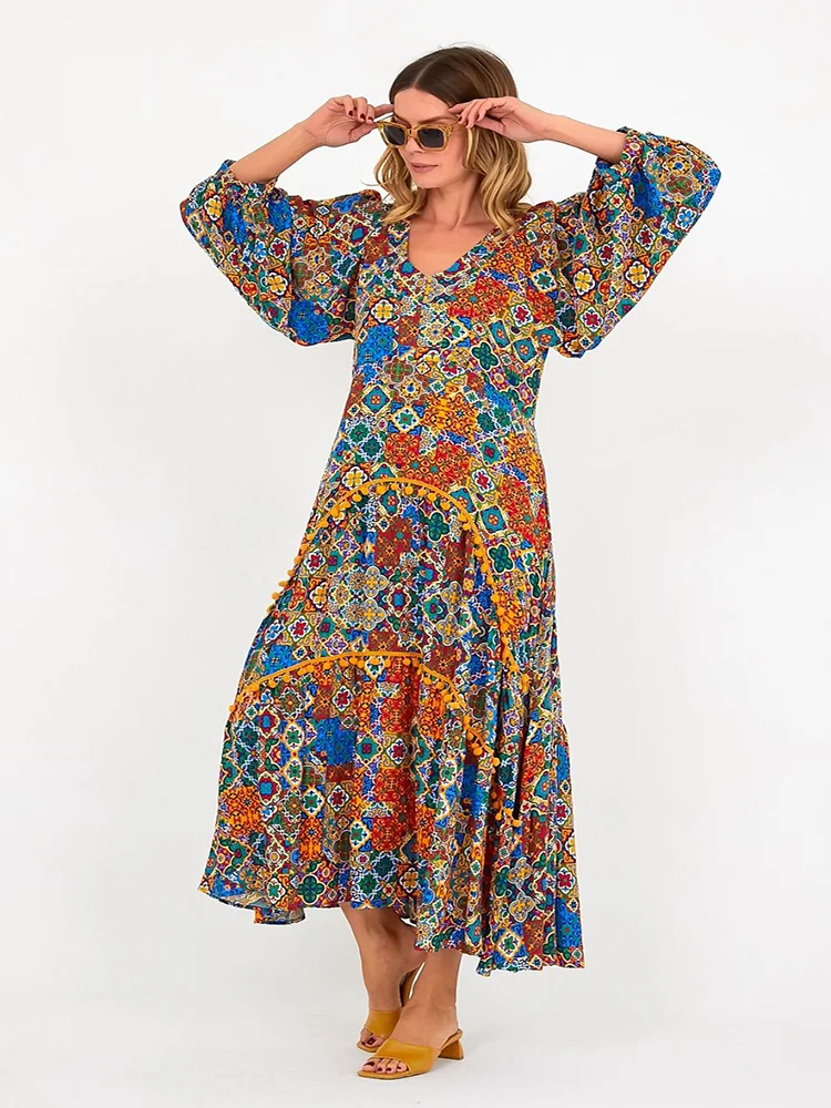 

Paisley Patterned V-Neck Balloon Sleeve Viscose Fabric Multicolored Long Boho Dress 2022 New Fashion Women Summer Clothing