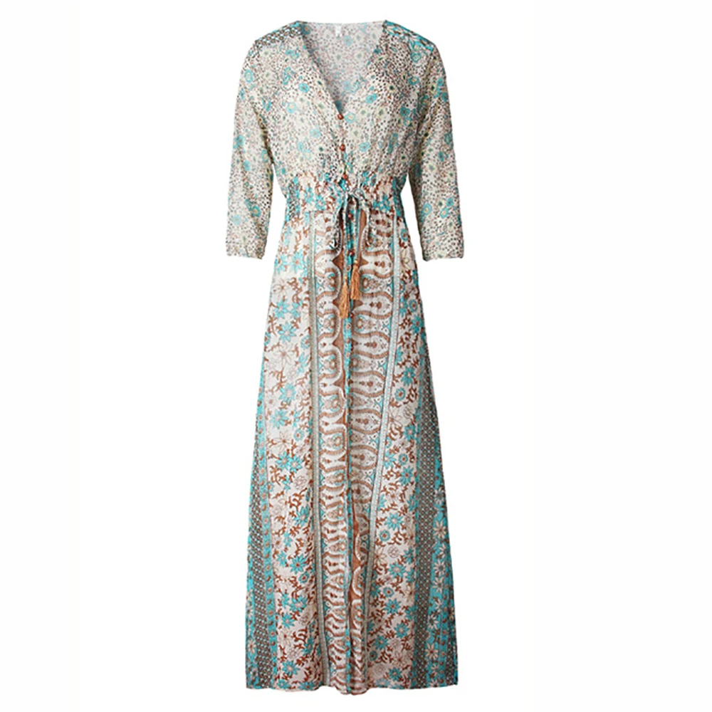 

OSKE Fashion Boho Women's Summer Dress V-neck High Waist Long-Sleeve Dresses For Women Casual Loose Printing Collect Waist Dress