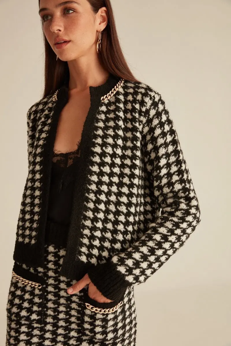Женский трикотажный кардиган Joinus Houndstooth черный с цепочкой кимоно|Куртки| |