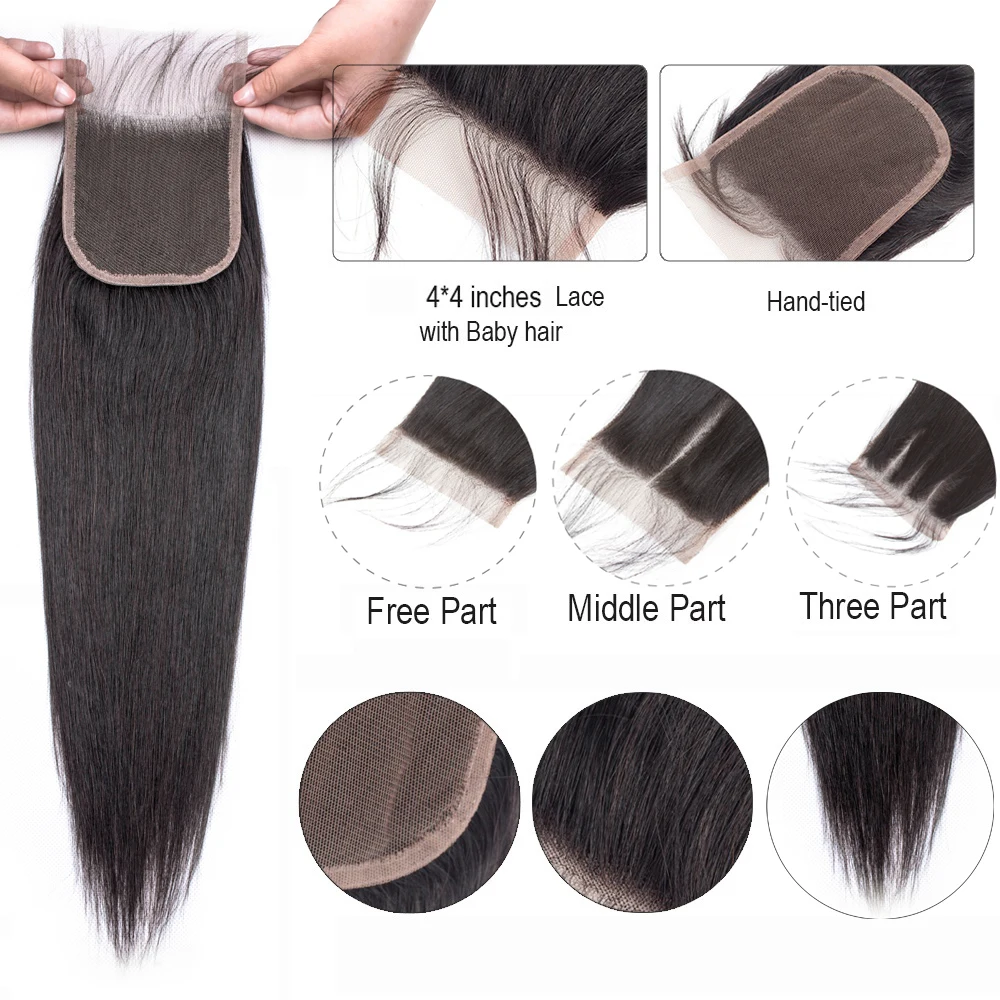 BEAUDIVA Human Hair Bundles With Closure Natural Color Peruvian Straight Hair Weave Bundles With Closure