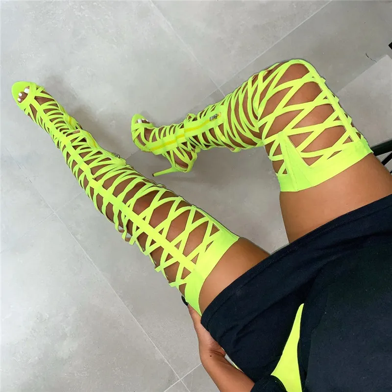 New Women Neon Yellow Thigh High Boots 2020 Belted Hollow Out Summer