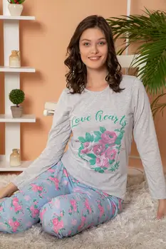 

STRAWBERRY Women 'S Gray Melange Cotton Long Sleeve Printed Pajamas Suit