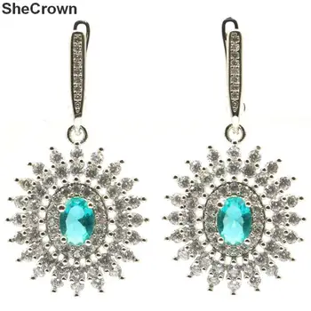 

39x21mm Dazzling Created Rich Blue Aquamarine White CZ Woman's Wedding Silver Earrings