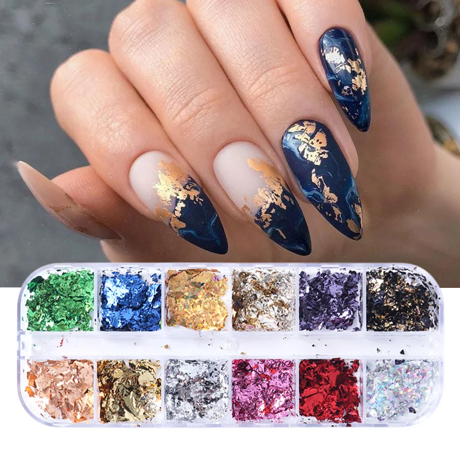 12grid Gold Foils Nails Glitter Irregular Flakes Mirror Chrome