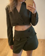 Suits Blazer Short Mini-Skirt Irregular One-Button Vintage 2pieces-Set High-Waist Women
