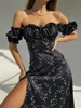 WannaThis Summer Floral Off Shoulder Puff Sleeve Maxi Dress For Woman Robe Sexy Lace Up Side Split Chic Mid-Calf Aesthetic Dress 4