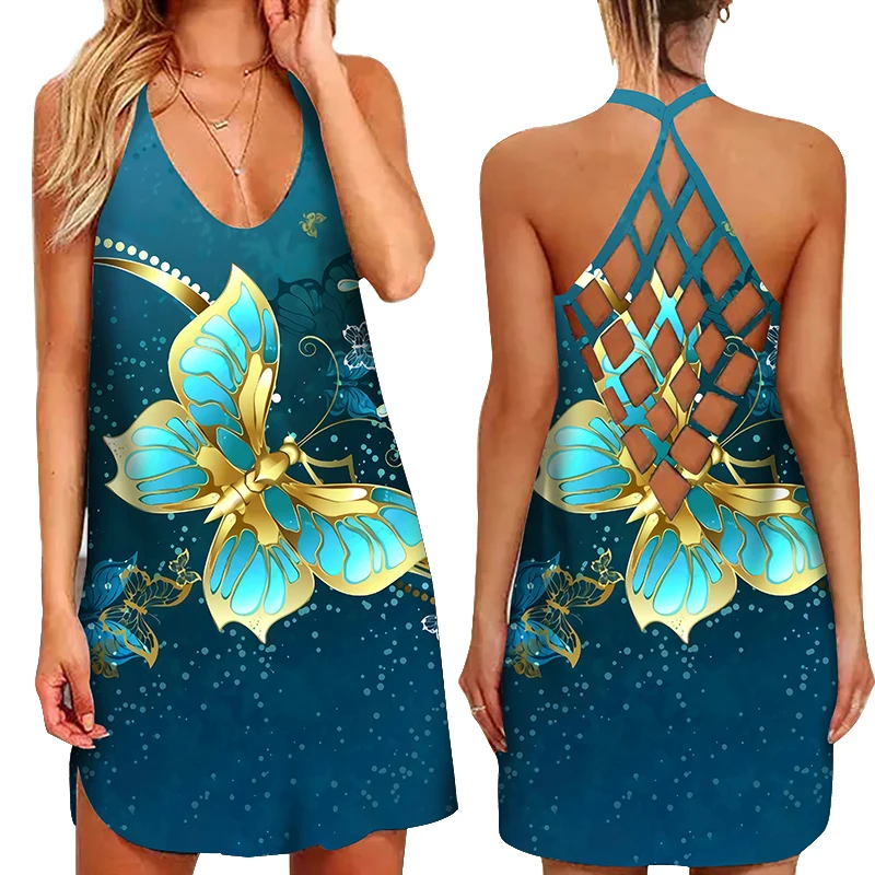 Women 2021 Loose Summer Sexy Backless Suspenders Dress Butterfly Printed Summer Boho Casual Party Elegant Dresses slip dress