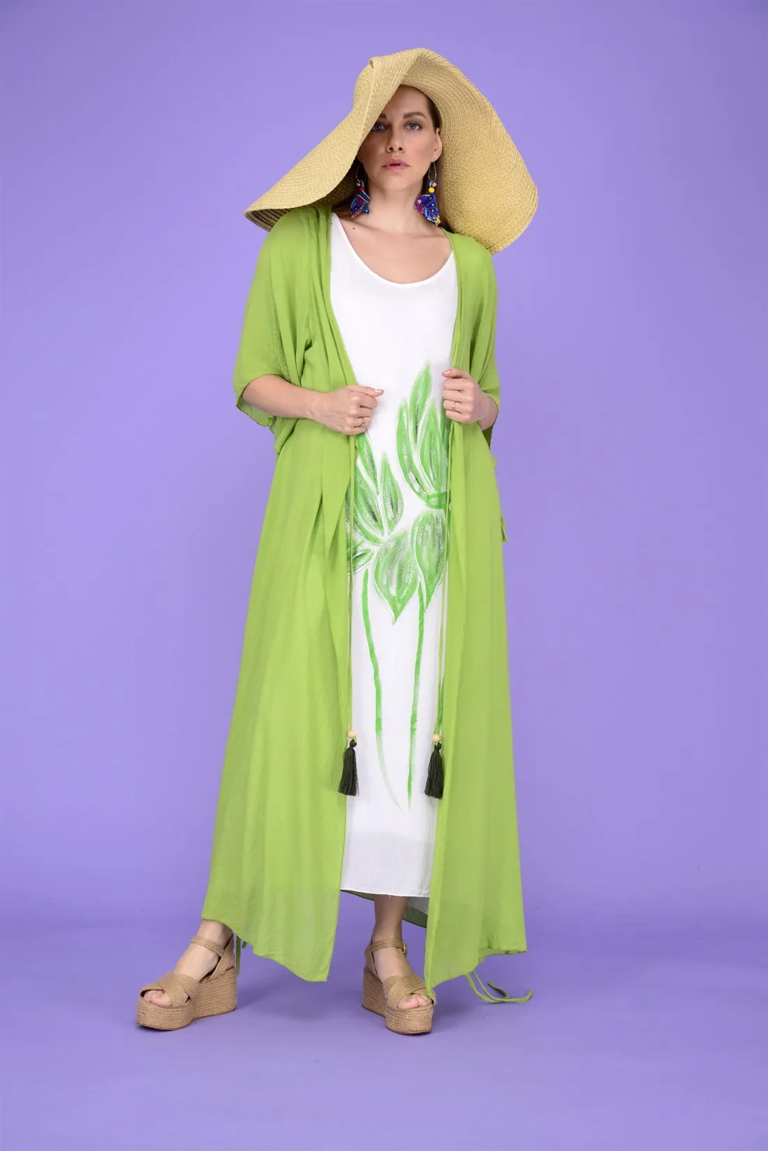 Pero Tassel Detailed Cotton Fabric Green Color Long 2 Piece Suit 2022 New Fashion Elegant Style Women's Clothing