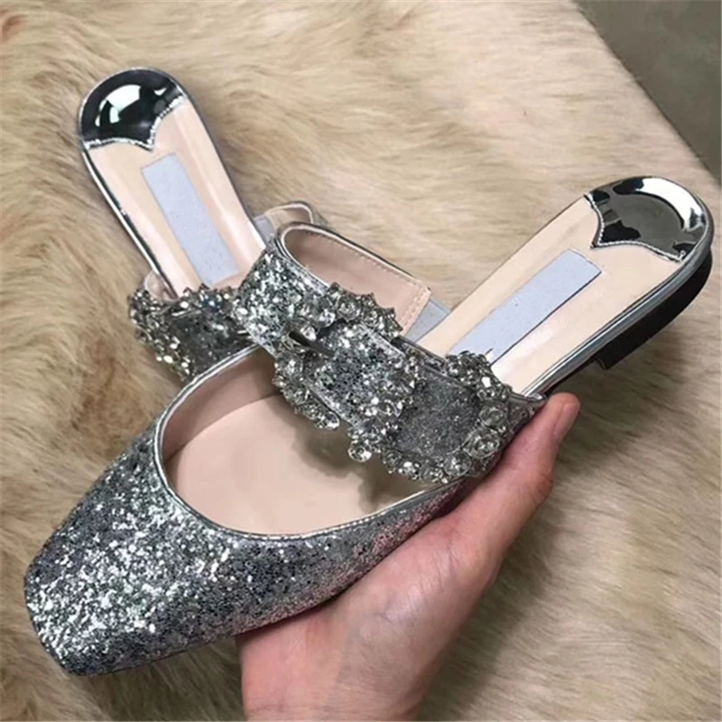 

Brand Crystal Design Flat Shoes Woman Slippers Square Toe Chaussures Femme Slip On Summer Ladies Mules 3 Colors Zapatos Mujer