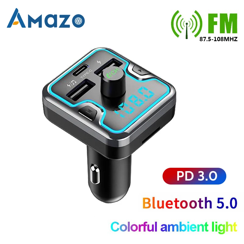 

PD QC 3.0 Car Bluetooth FM Transmitter Dual USB Ports Charger Ambient LED Light FM Modulator Handfree Car Kit Audio MP3 Player