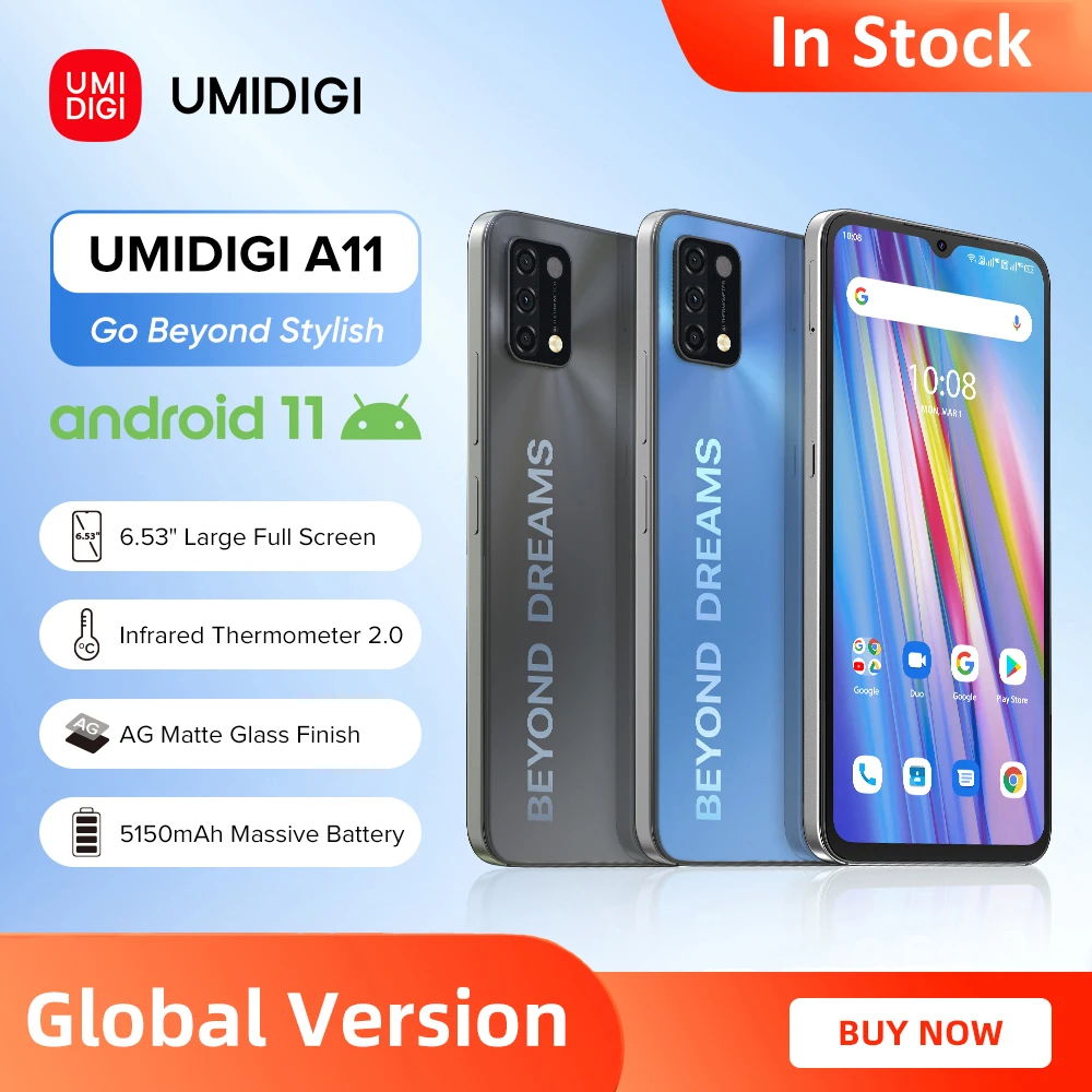 [In Stock] UMIDIGI A11 Global Version Android 11 Smartphone Helio G25 64GB 128GB 6.53" HD+ 16MP Triple Camera 5150mAh Cellphone