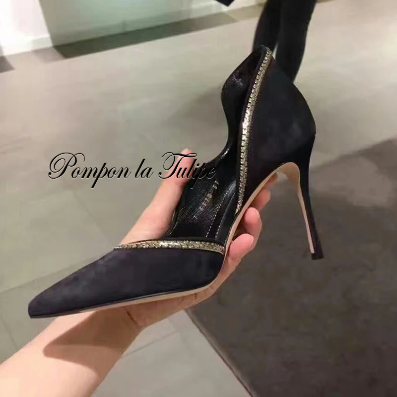 

MNK 930048 Metal String Flock Suede Elegant Elegant Sheepskin Pumps 8CM Heels Chic Stilettos Party Wedding Fashion Women Shoes