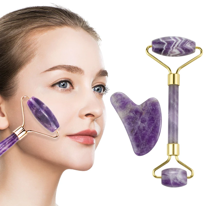 Amethyst Massager For Face Lift Up Jade Stone Roller Natural Crystal Stone Slimming Thin Chin Facial Beauty Skin Care Tool men s 100% real leather goat skin thin lining classical shrink wrist police tactical touch screen short gloves