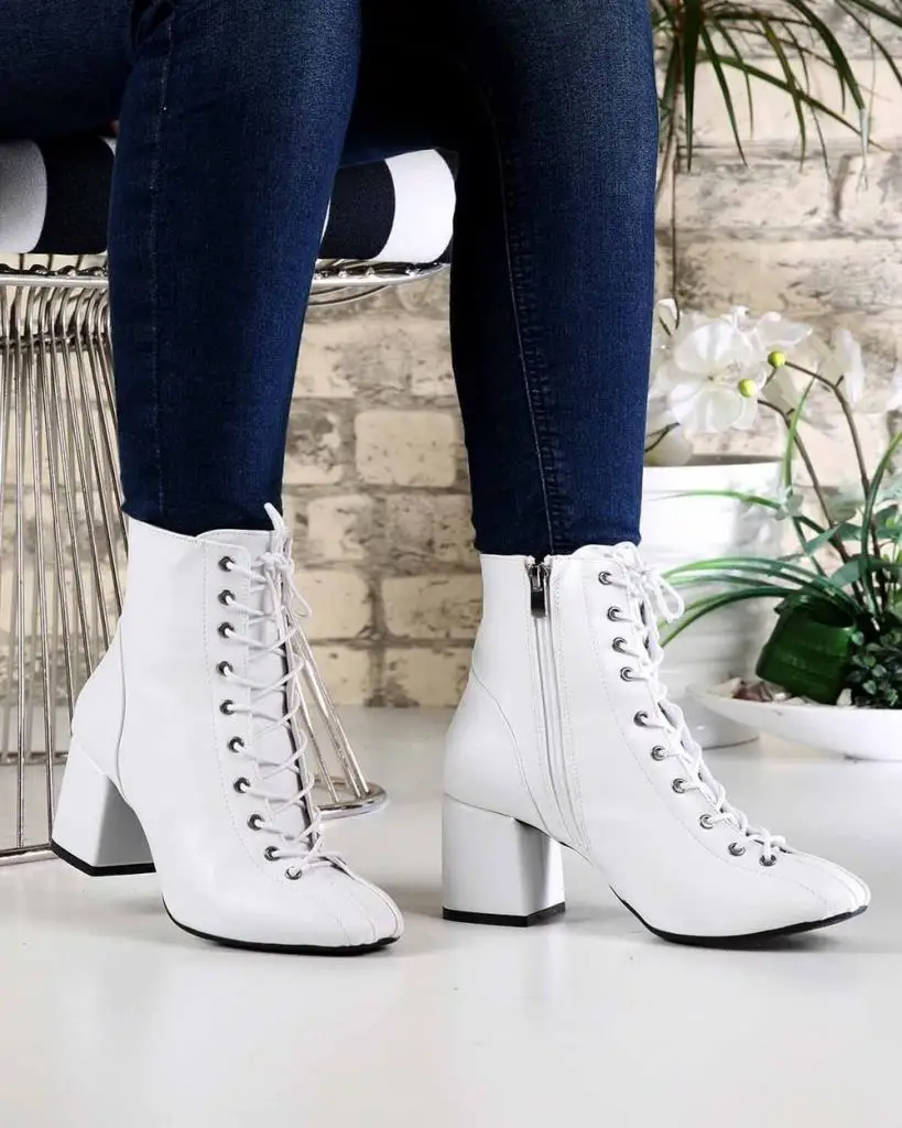 

Mosimoso Women's Ankle Height Boot Jenny White Skin Lace Up Zipper Heels Women Boots