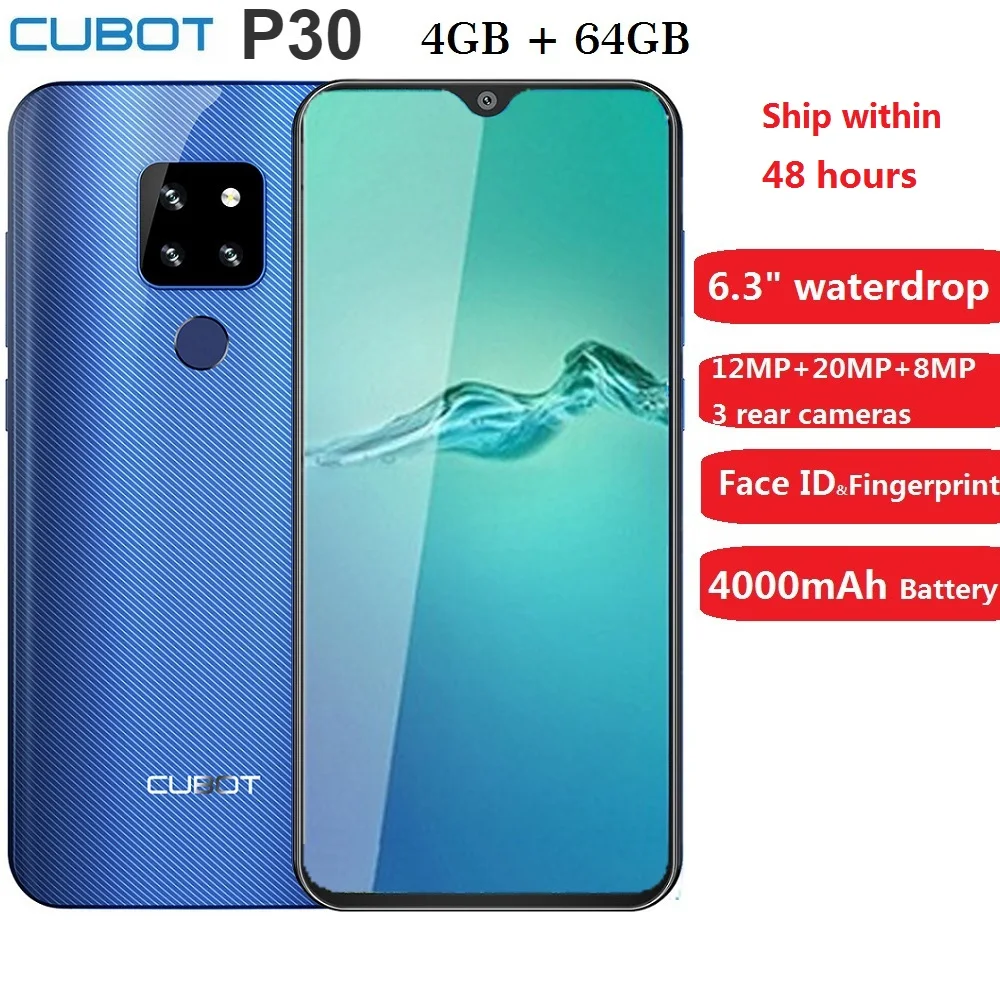 Смартфон Cubot P30 6 3 &quot2340x1080 p 4 Гб + 64 ГБ Android 9 0 Pie Helio P23 AI Cameras Face ID 4000 мАч сотовый