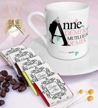 

Personalized Mother Say That Happiness Coffee cup Chocolate Angel Wing Necklace Set
