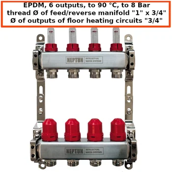 

Сollector for warm water underfloor heating Neptun IWS 1"х 3/4" with flowmeters stainless steel 6 outputs collector warm floor