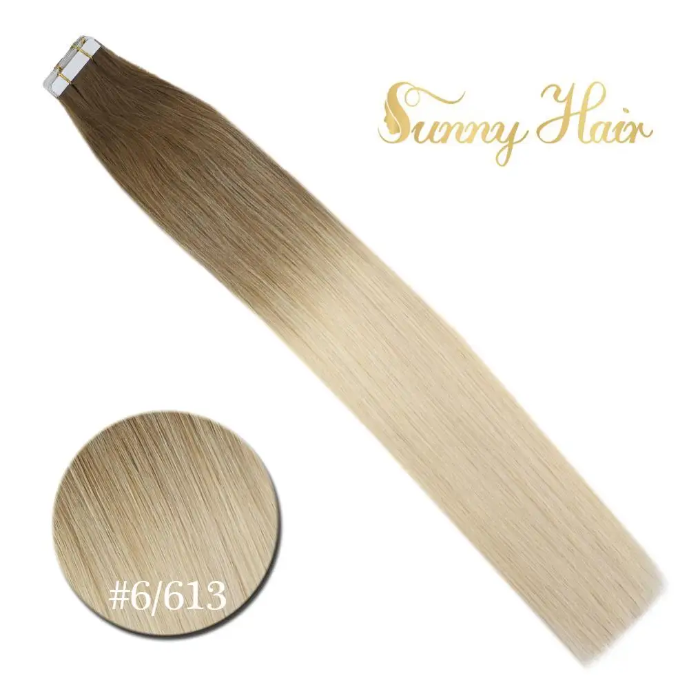 

VeSunny Tape in Human Hair Extensions 20pcs Ombre Balayage Medium Brown mix Bleach Blonde #6M613 Machine Made Remy Hair 50gr