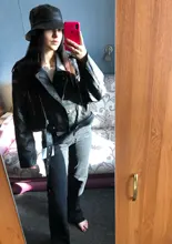 Jacket Short Winter Coat Faux-Leather Mozuleva Black Women Retro PU Turn-Down-Neck Loose