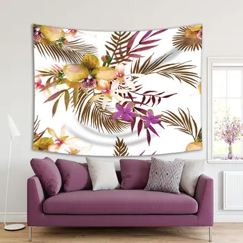 

Tapestry Tropical Flowers and Palm Leaves Exotic Jungle Beach Summer Holidays Art Printed Brown Green Purple