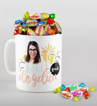 

Personalized Photo Birthday Theme Mug and Haribo Fruitbons Candy Gift Seti-10