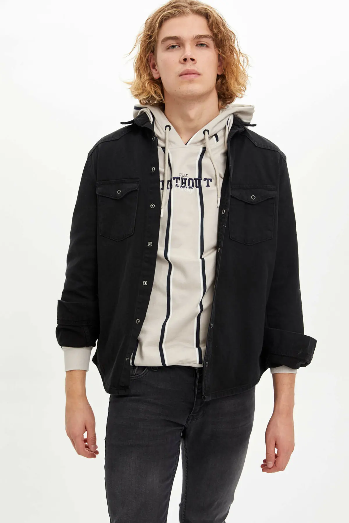 Дефакто повседневные мужские джинсовые куртки с отворотом мужские черные высококачественные джинсовые пальто свободные пальто с карманами для отдыха мужские Autumn-N1307AZ19AU