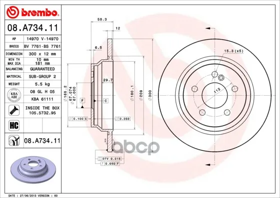 Диск Тормозной Задн Mercedes-Benz: S-Class 05-, Sl 01- Brembo арт. 08.A734.11