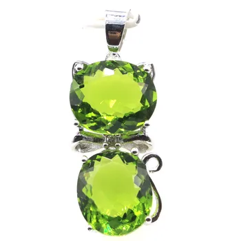 

37x14mm Beautiful Cat Shape Created Green Peridot Gift For Sister Silver Pendant