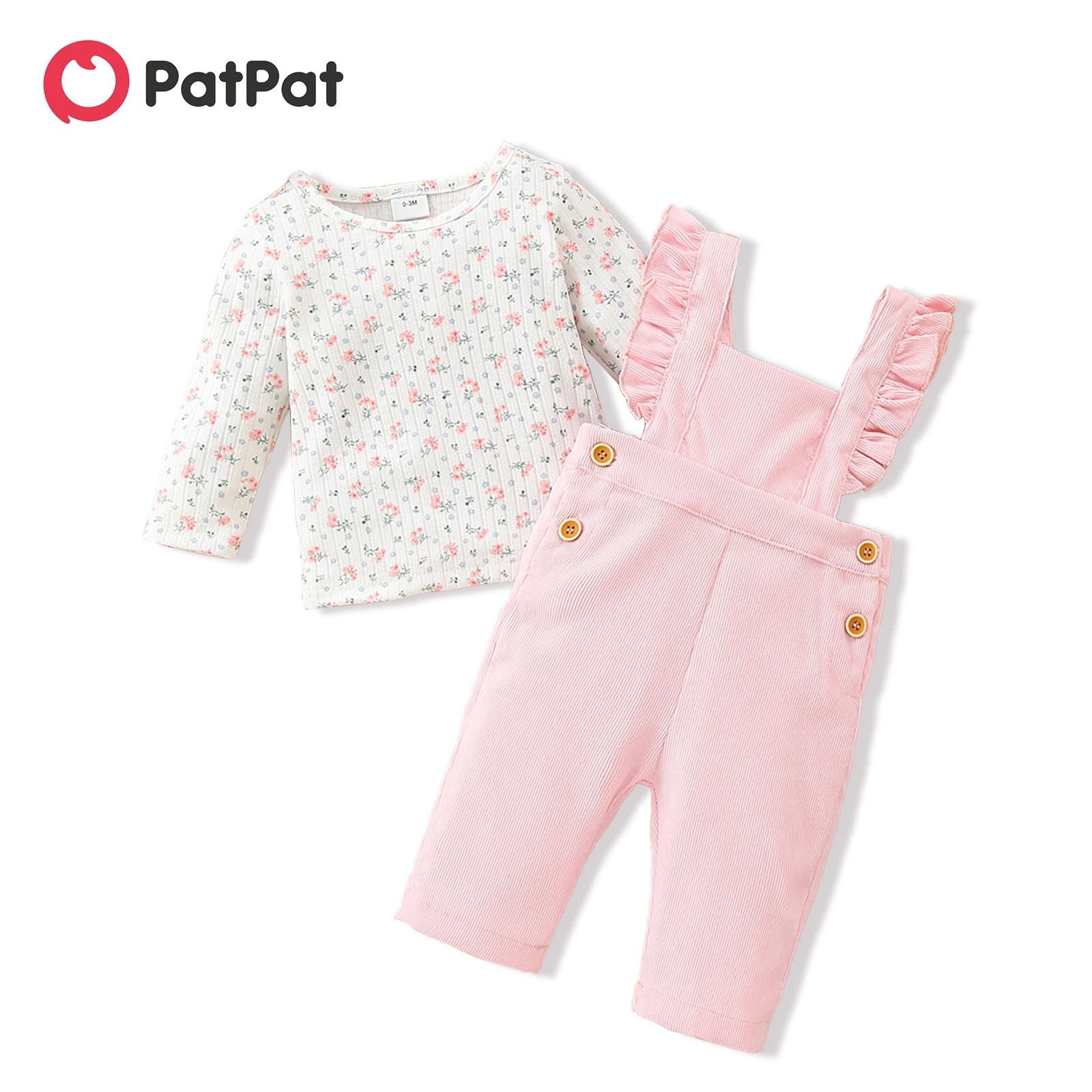 PatPat 2pcs Baby Girl Floral Print Ribbed Long-sleeve Top and Solid Ruffle Overalls Set baby clothing set red	