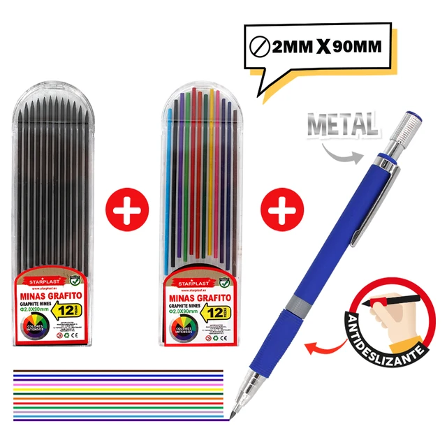 Starplast PORTAMINAS RETRACTIL + MINAS Minas de grafito punta cónica 2mm,  con antideslizante y clip de metal - PACK 2 SURTIDO : : Oficina y  papelería