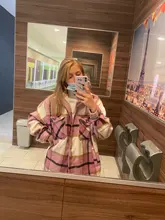 Woolen Coat Shirt Jacket Windbreaker Oversize Plaid Vintage Women Loose Button Winter