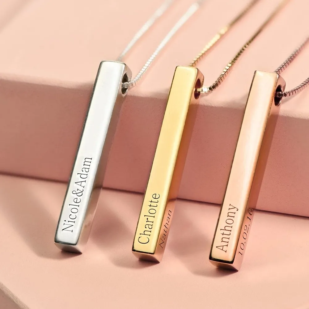 Customized Engraved Logo Rectangle Stainless Steel Gold Plated 3D Vertical  Bar Pendant Necklace - JewelleryNet