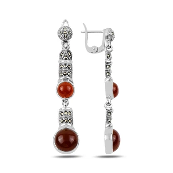 

KUTAYDAN Marcasite & Red Agate Stone Dangle Earrings 925 Sterling Silver