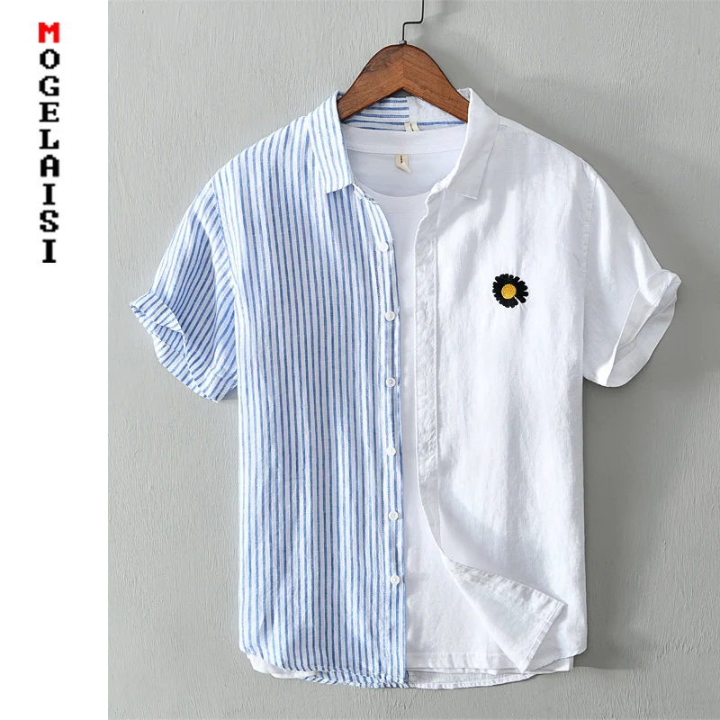 

New men shirt summer 100% linen patchwork tops shirts Breathable short sleeve fashon stripe embroidery man clothing 556