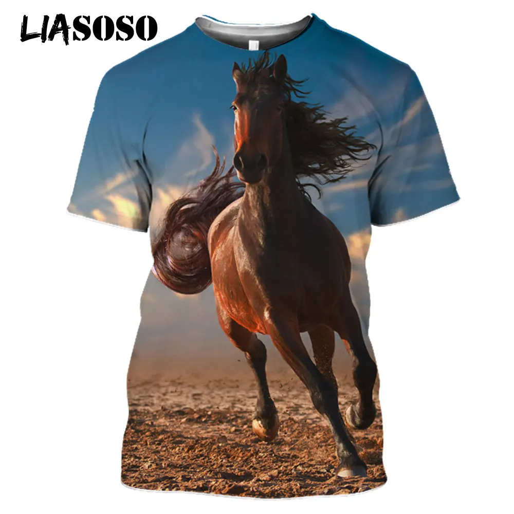 LIASOSO 2021 3D Print Robust Horses Snow Anime Horse Animals Tshirt Women Men Casual T-shirt Pullover Short Sleeve Large Clothes