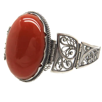 

Spectacular bracelet silver plated 12 Mk stone carnelian wide scan filigree grain 2540