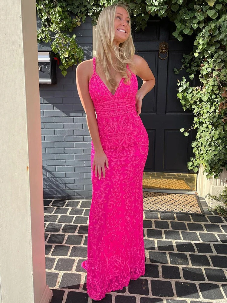Mermaid Spaghetti Straps Hot Pink V Neck Prom Dress With Appliques Sleeveless Evening Dress Sexy vestidos de noche 2022 New plus size prom & dance dresses