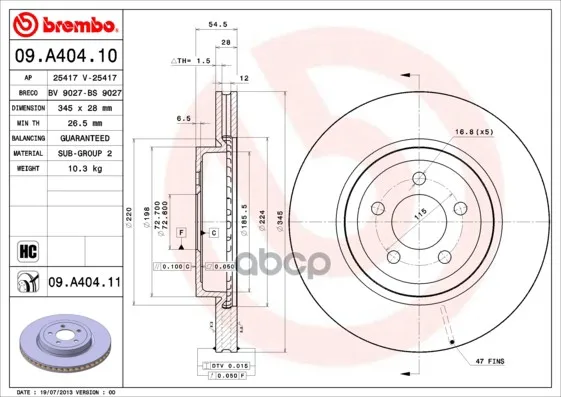 Диск Тормозной Передн, Chrysler 300c 04-,10-/ Lancia Thema 11- Brembo арт. 09.A404.11