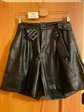 2020 Winter New Women Orange Color PU Bermuda Shorts Faux Leather Belted Shorts