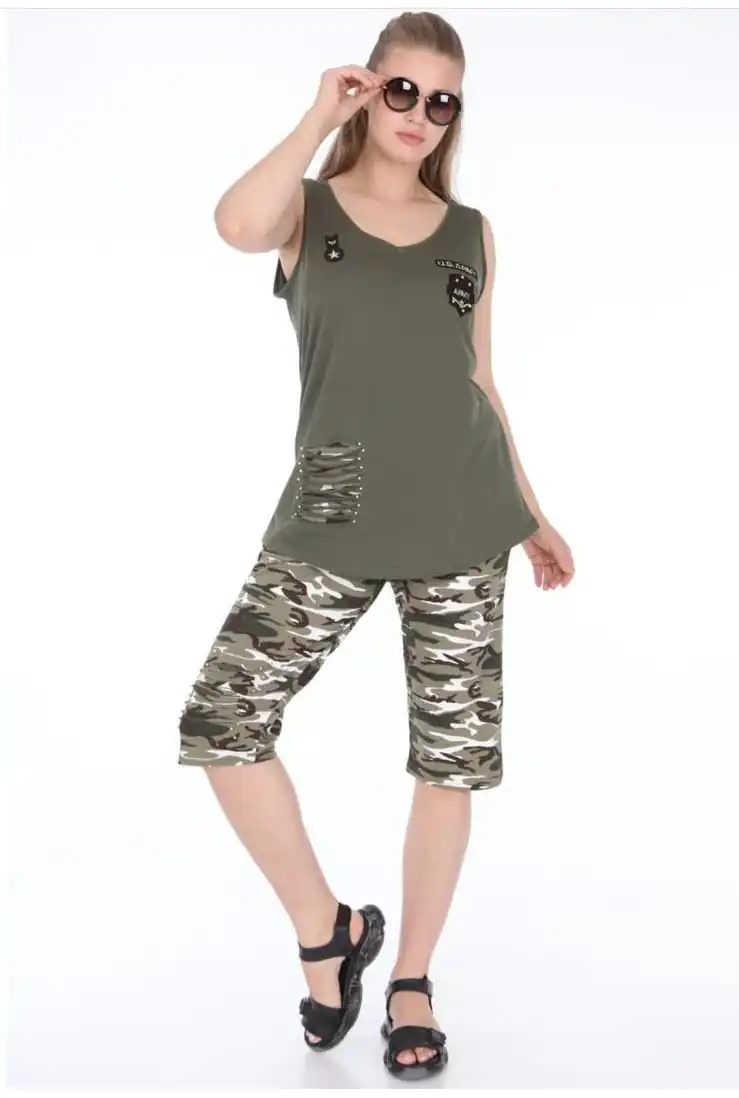 

Diaves Plus Size Woman Summer Fashion Camouflage Causal Sports Track Suits Capri Pants Sleeveless Top Turkish Quality