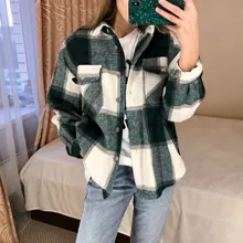 Plaid Shirt Blouses Oversize-Top Chic Fashion Women Woolen ZXQJ Female Casual Ladies