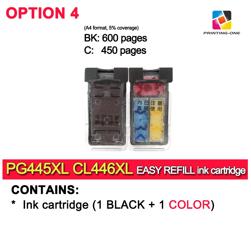 Option 4 PRINTING-ONE PG445 CL446 легко Заправляемый картридж совместимый для Canon PG-445 445XL TS3140 MG2940 MG2540 MX494 IP2840 MG3040 - Цвет: Option 4