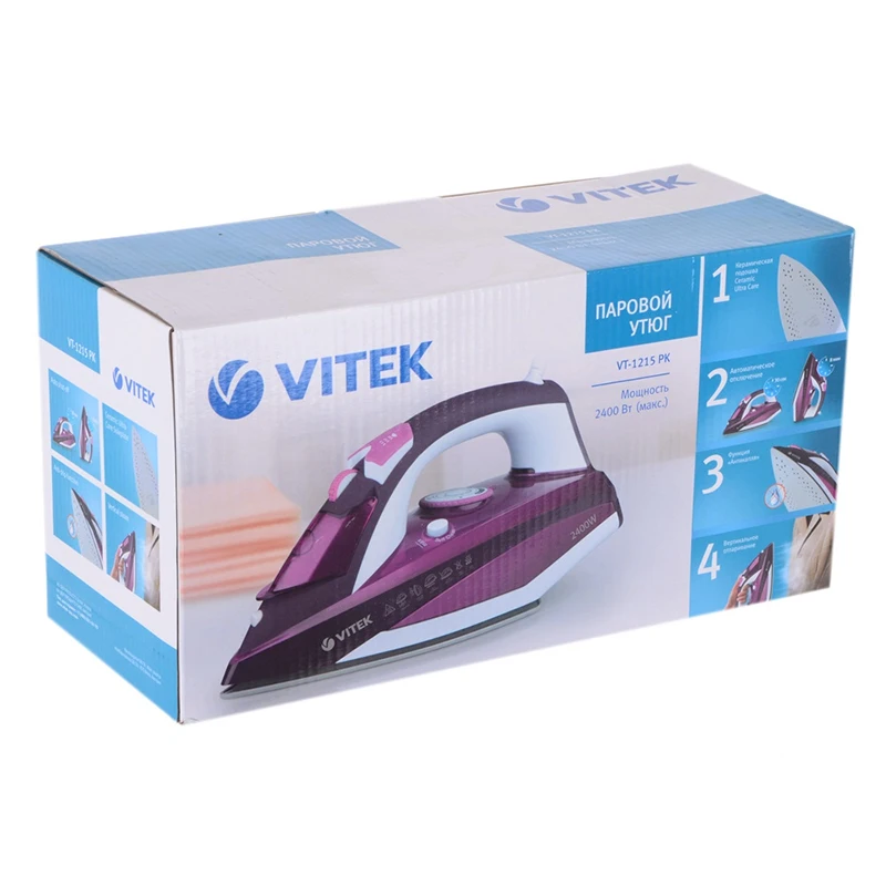 Утюг Vitek VT-1215 PK (Мощность 2400 Вт, керамическое покрытие, система самоочистки, авто отключение, защита от накипи)