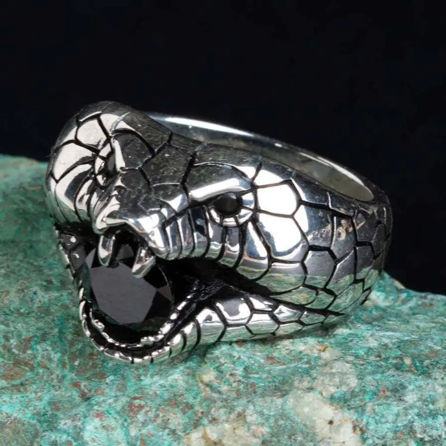 

Animal Snake Silver Ring Vintage Black Zircon Men Silver Ring Made In Turkey Solid 925 Sterling Silver