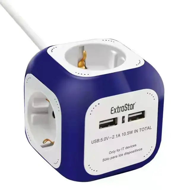 ExtraStar®Power Cube Cable 1.5 m Power Strip 4 Outputs, with 2 for USB charging 5V/2.1A, white/blue/red/mixed Navy blue